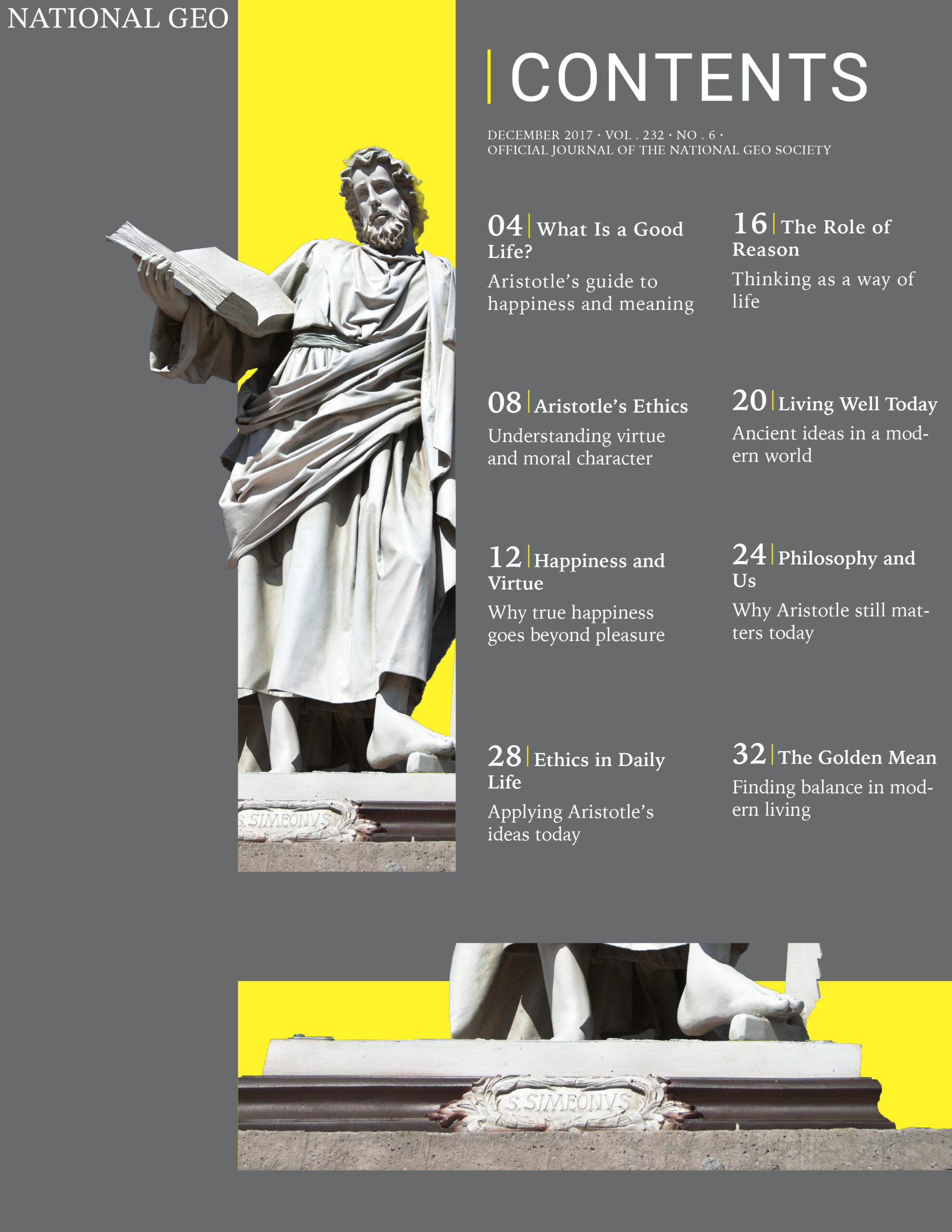 Editorial layout magazine Table of Content design featuring typography, grid structure, and classical statue imagery.