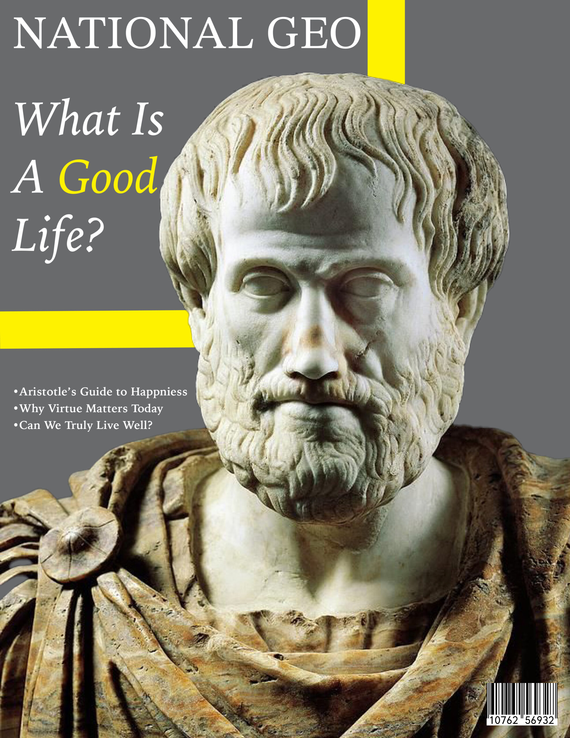 Editorial cover design featuring classical sculpture portrait and bold typography layout
