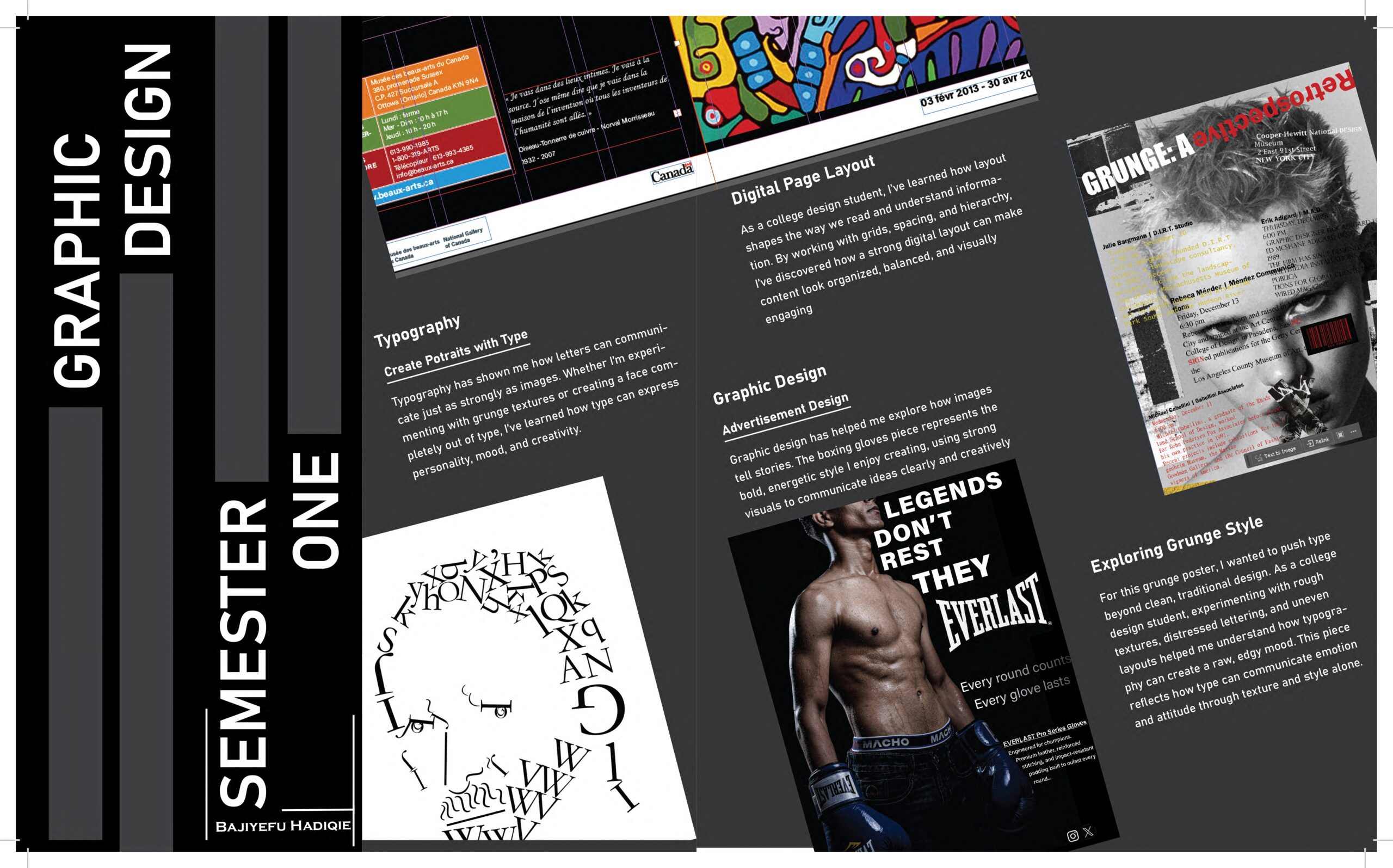 Brochure design layout showcasing typography, grid structure, and multiple design projects.