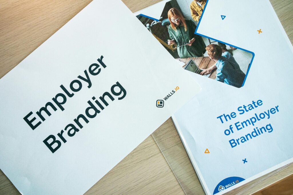 Branding design materials showing employer branding and visual identity concepts.